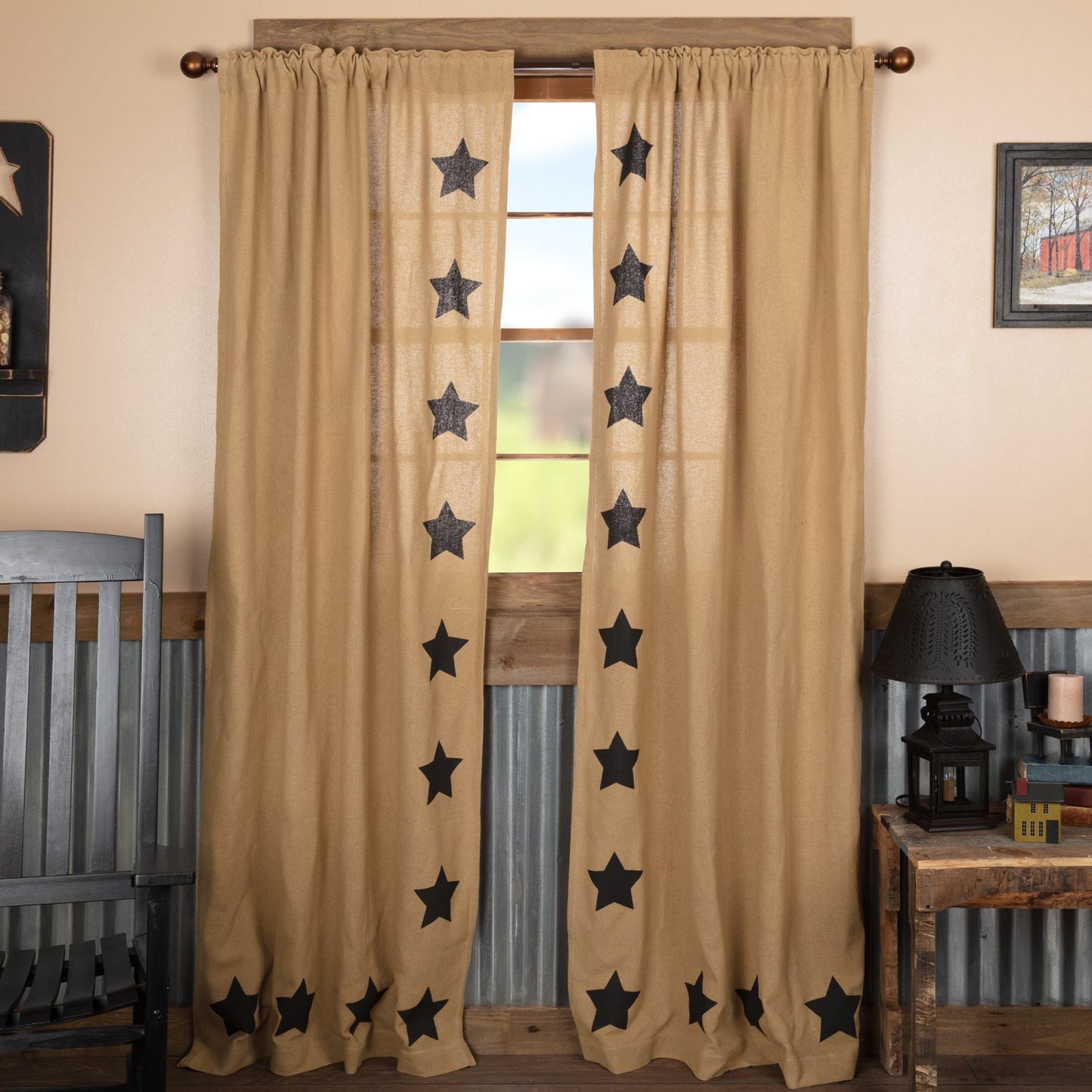 Burlap w/Black Stencil Stars Panel Set of 2