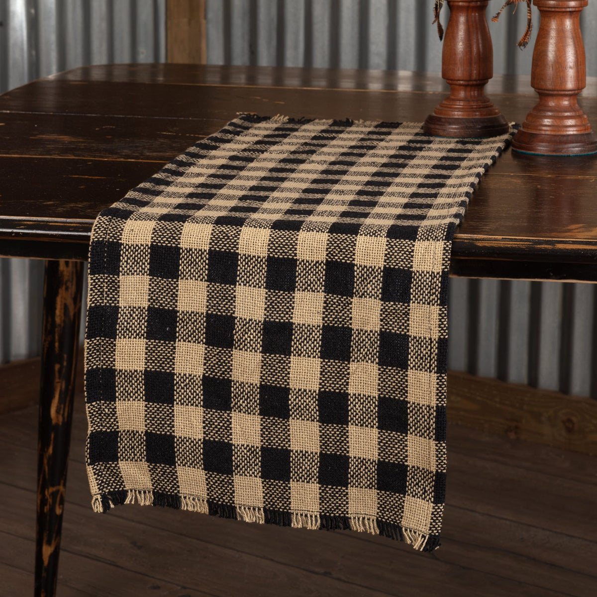 Burlap Black Check Runner Fringed
