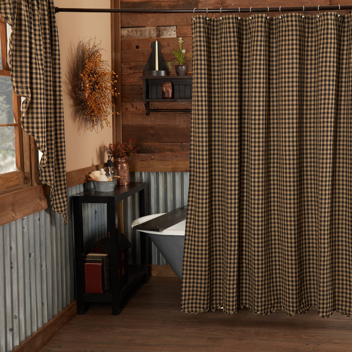 Black Check Scalloped Shower Curtain