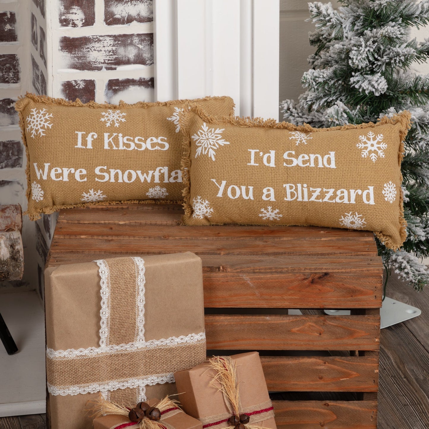 Snowflake Burlap Natural Pillow If Kisses..Snowflakes Set of 2