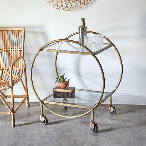 Round Antique Brass Bar Cart