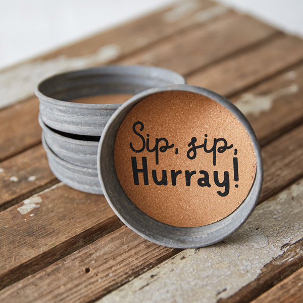 Set of Four Mason Jar Lid Coasters - Sip, Sip, Hurray