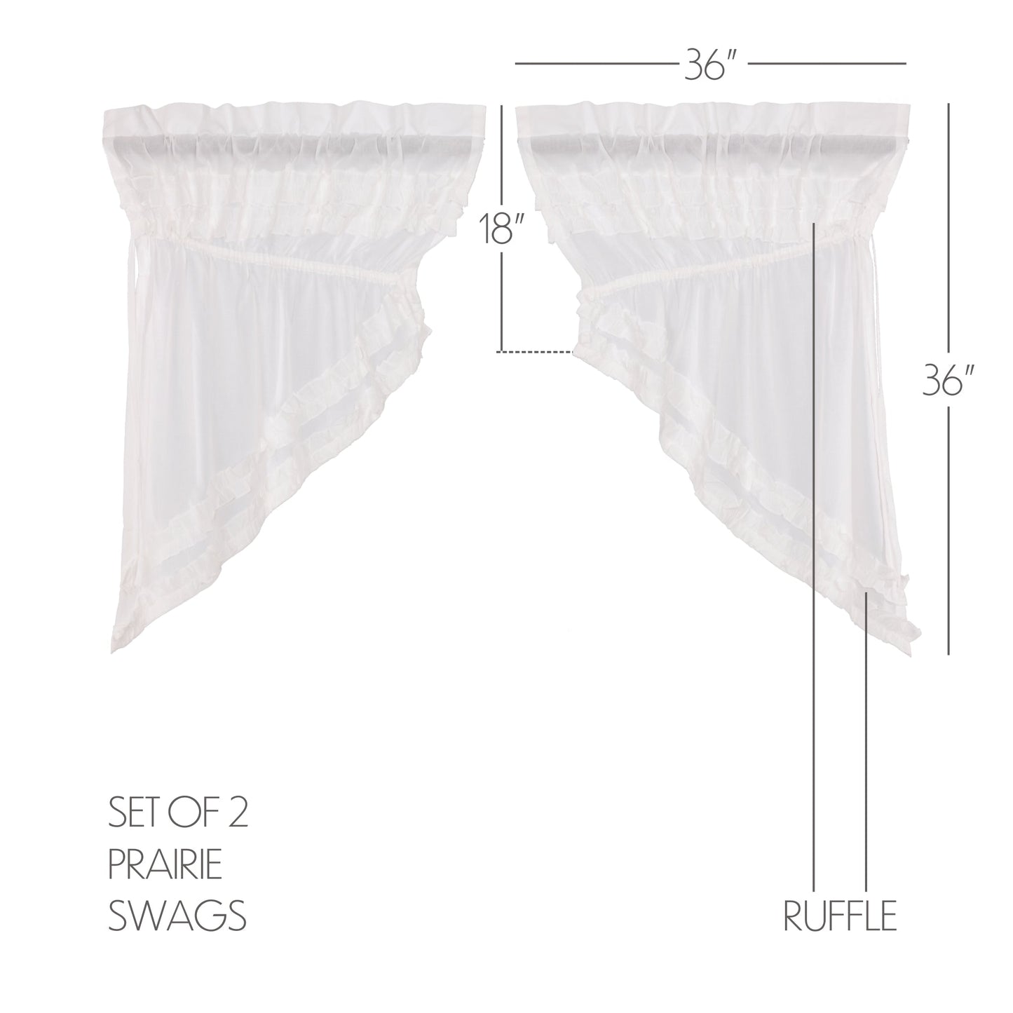 White Ruffled Sheer Petticoat Prairie Swag Set of 2 36x36x18