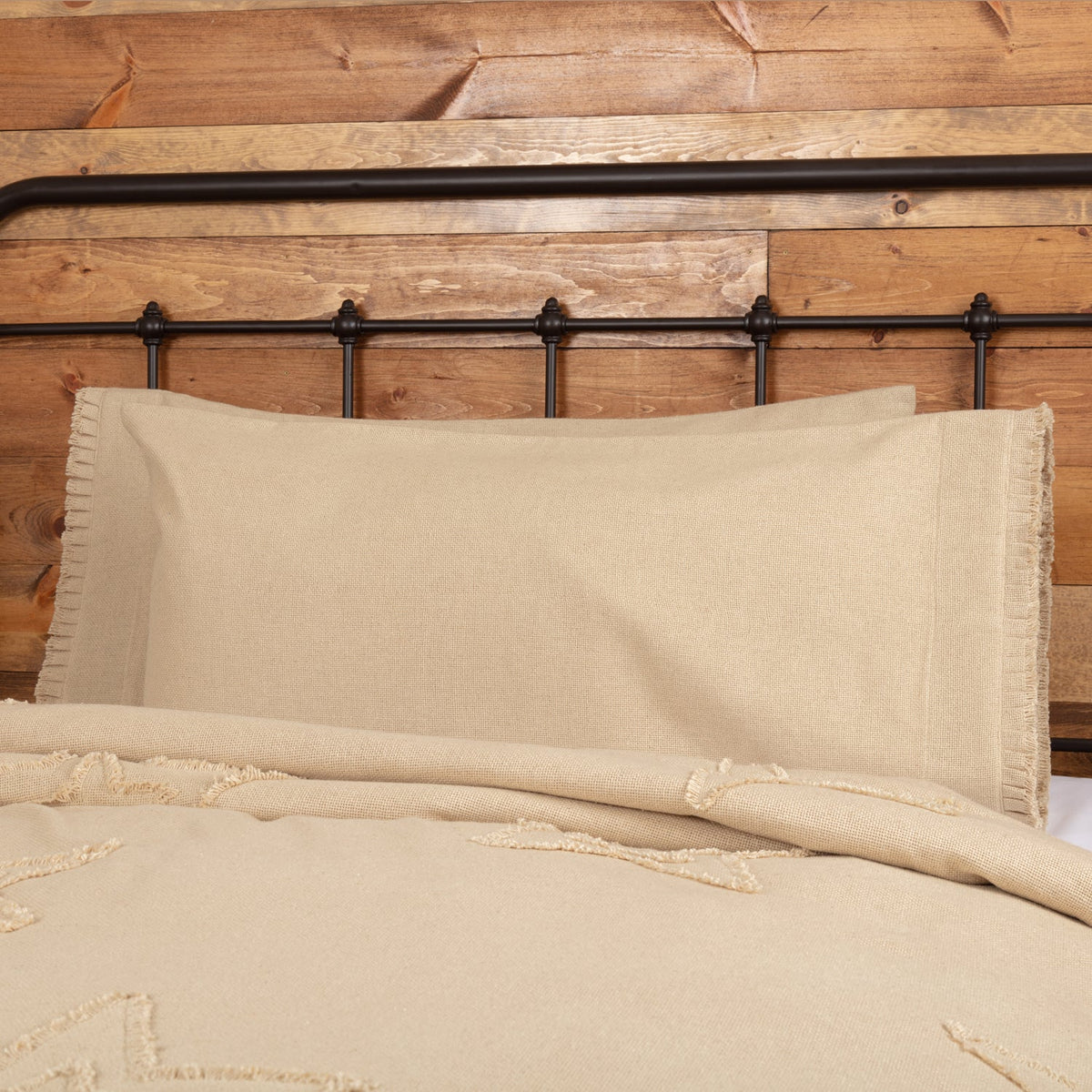 Burlap Vintage King Pillow Case w/ Fringed Ruffle Set of 2