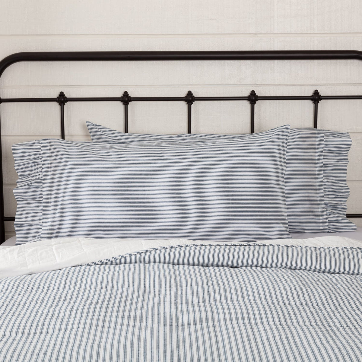 Sawyer Mill Blue Ticking Stripe Ruffled King Pillow Case Set of 2