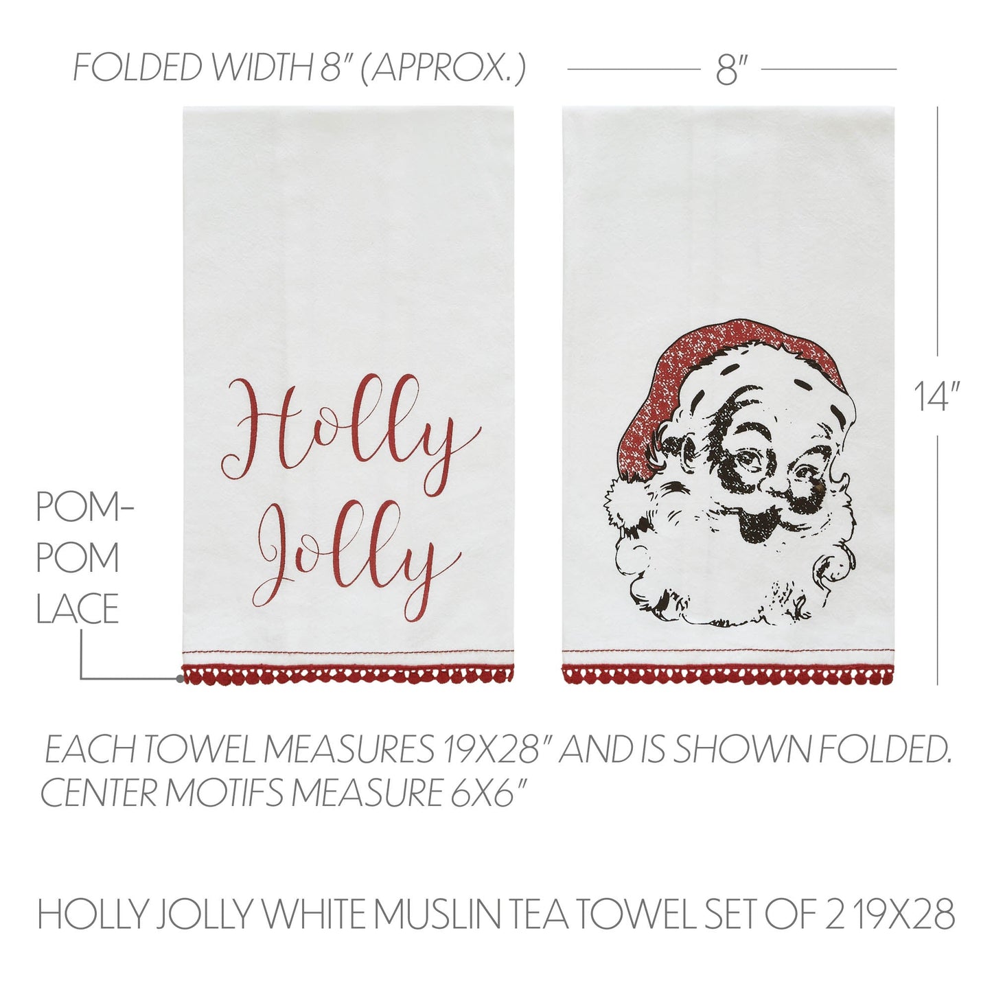Kringle Chenille Holly Jolly White Muslin Tea Towel Set of 2 19x28