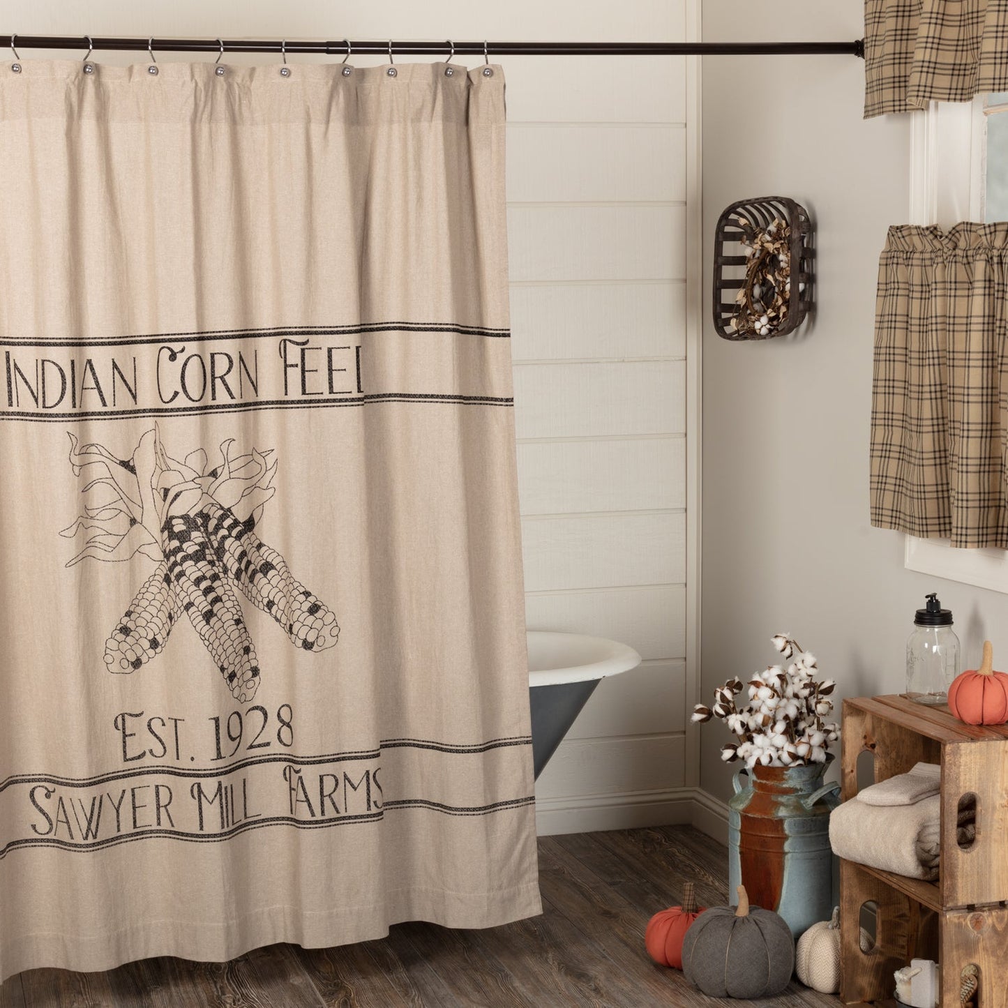Sawyer Mill Charcoal Corn Feed Cotton Farmhouse Shower Curtain, Grey & Cream