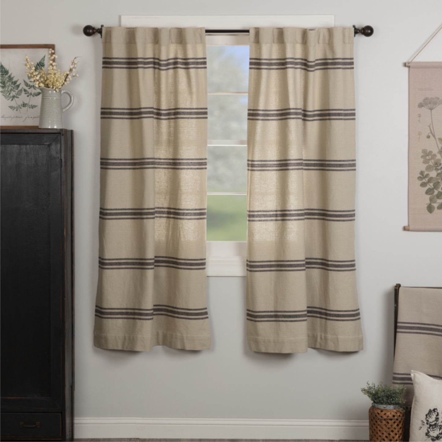 Mill House Stripe Black Short Panel Set of 2 63Lx36W