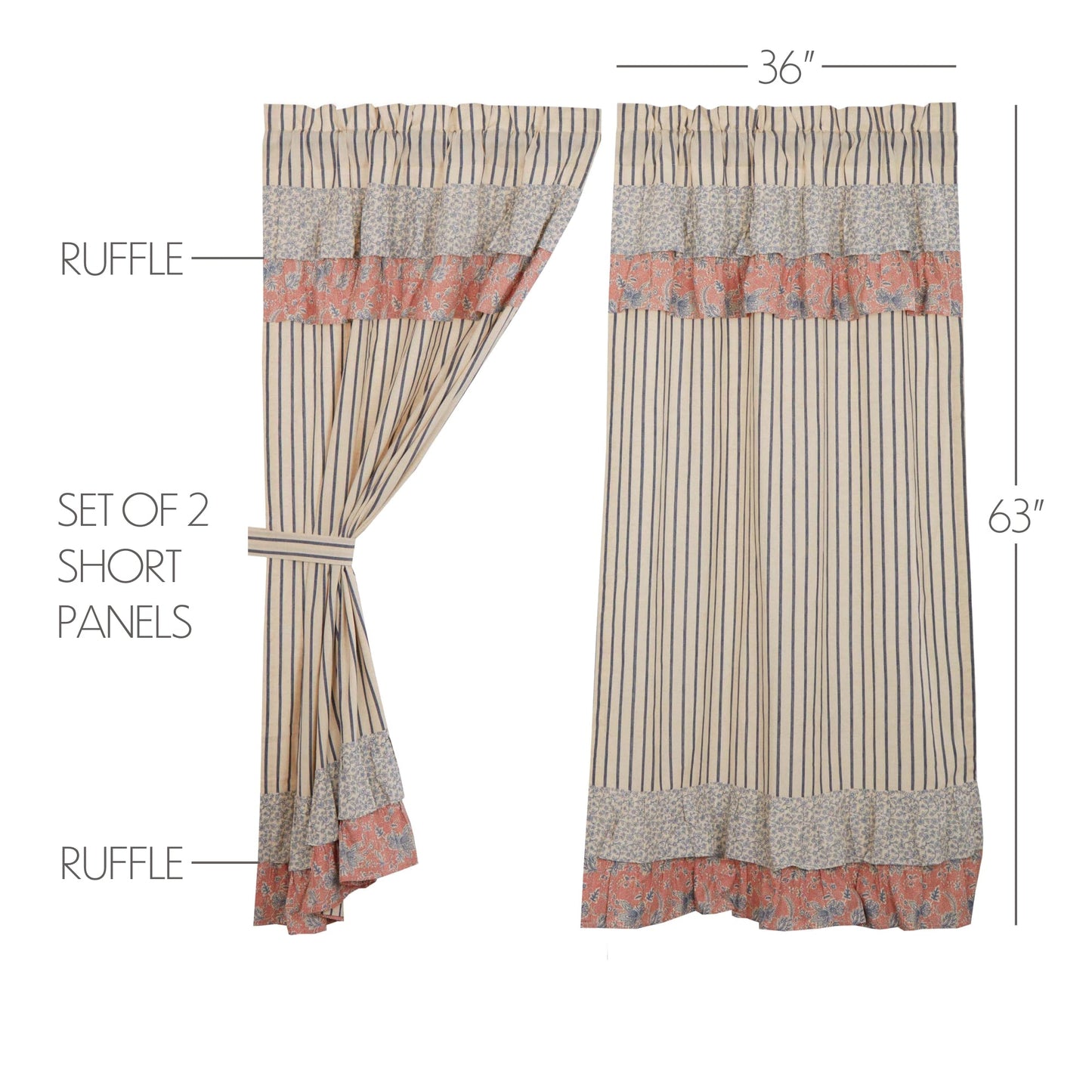 Kaila Ticking Blue Ruffled Short Panel Set of 2 63x36