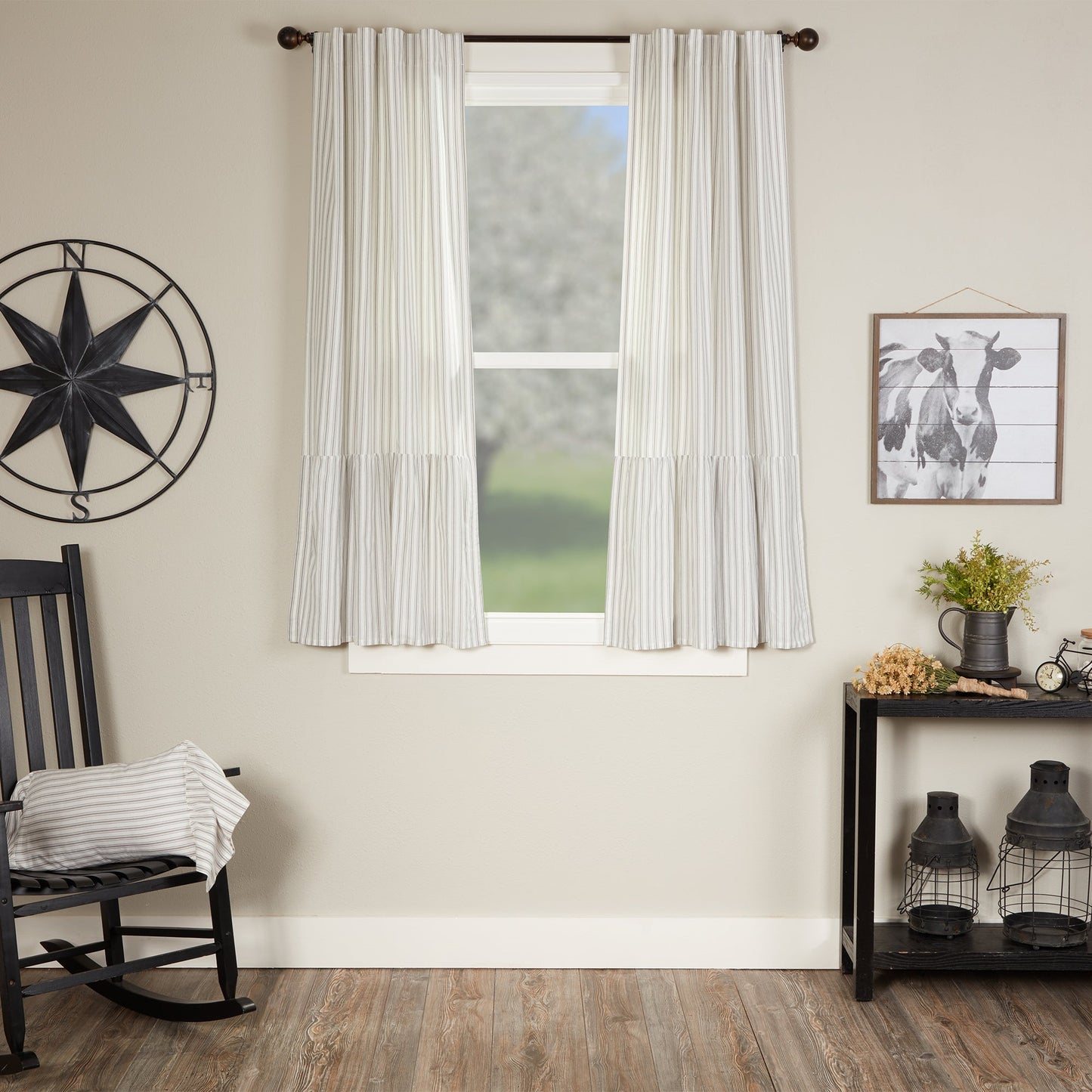 Timeless Ticking Gray Ruffled Short Panel Set of 2