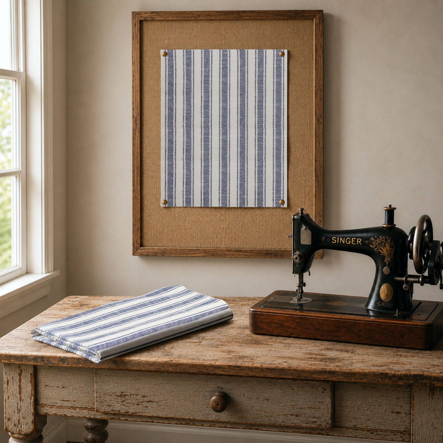 Market Place Blue Ticking Stripe Fabric 3yds #1 110 Width