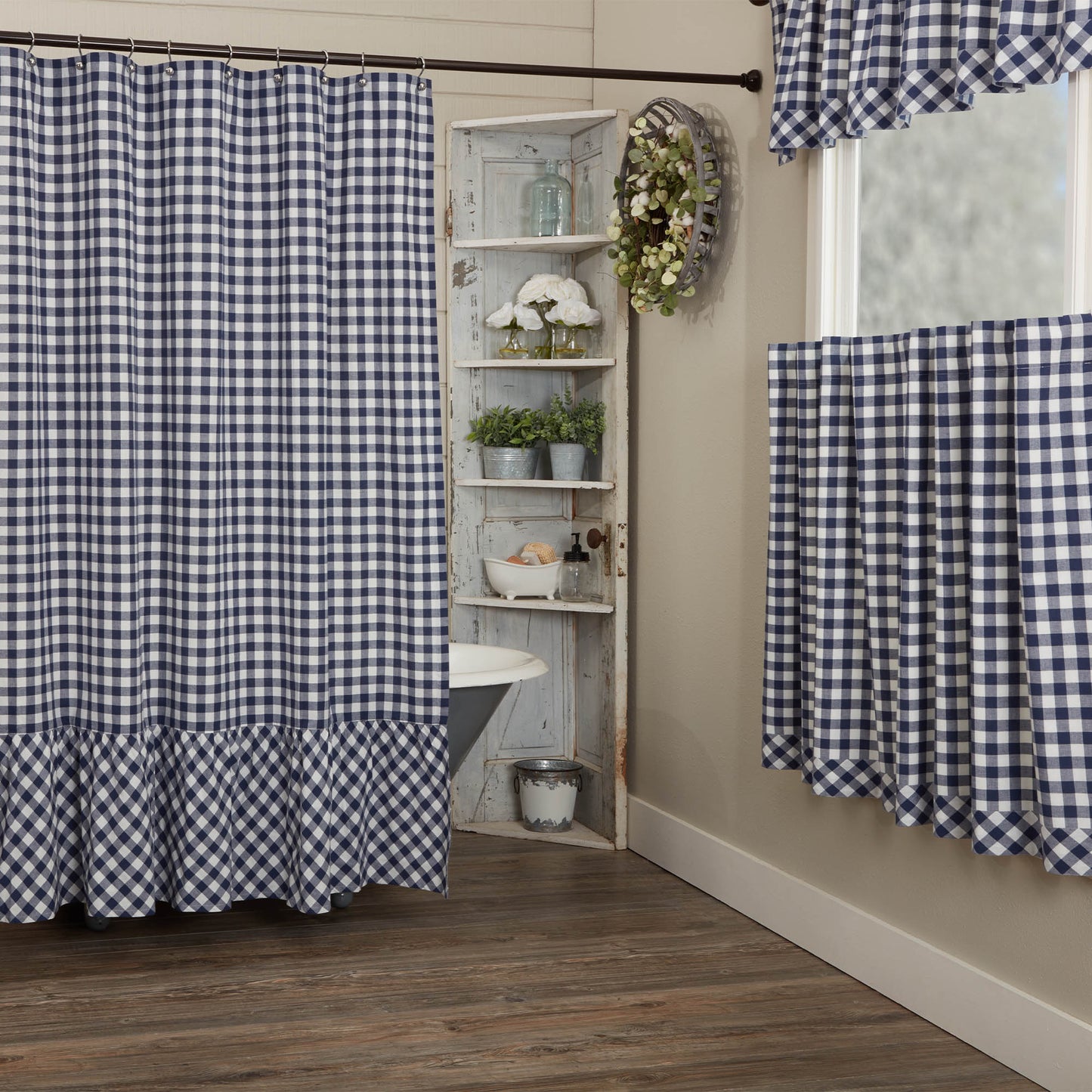 Vintage Check Blue Shower Curtain