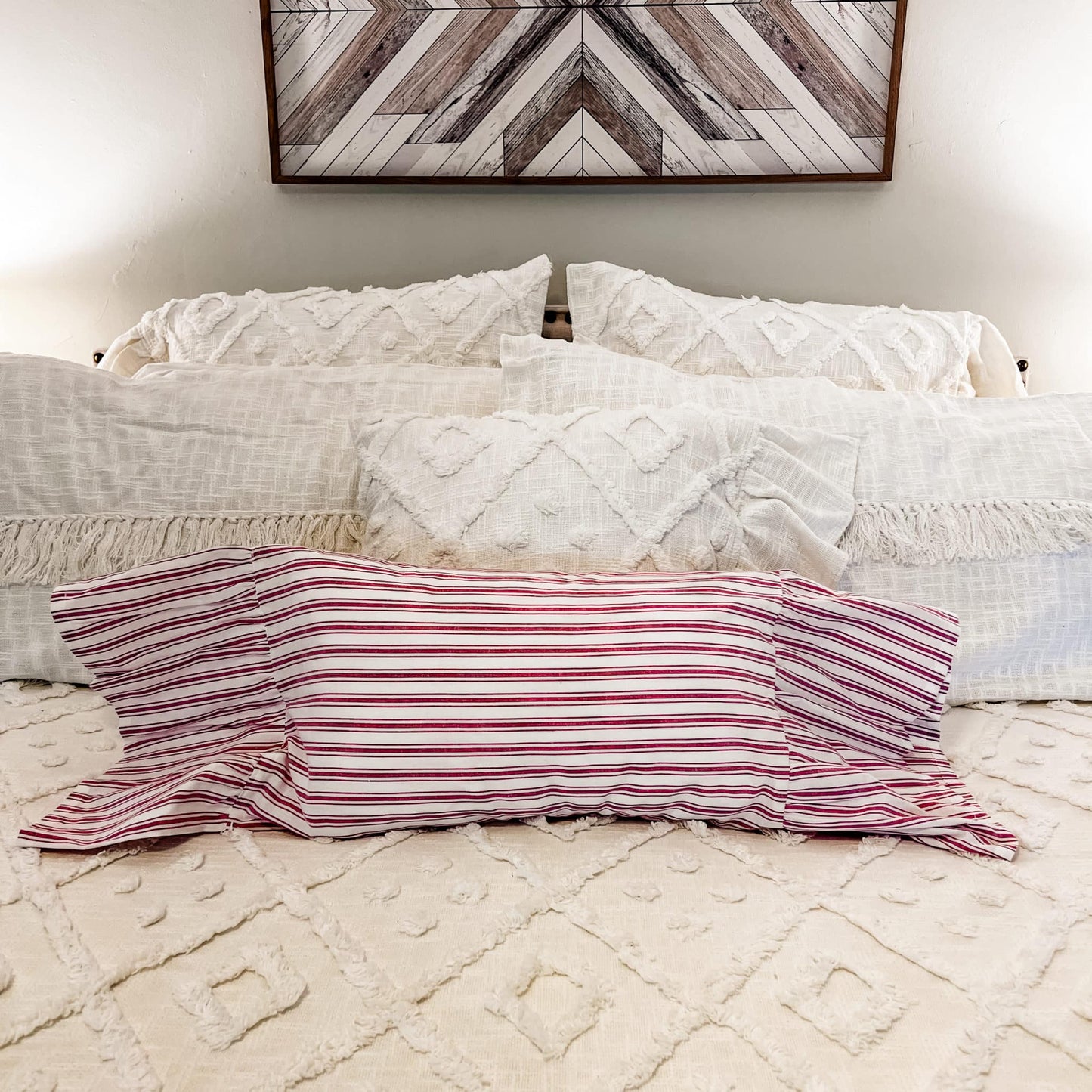 Timeless Ticking Red Ruffled Pillow Cover