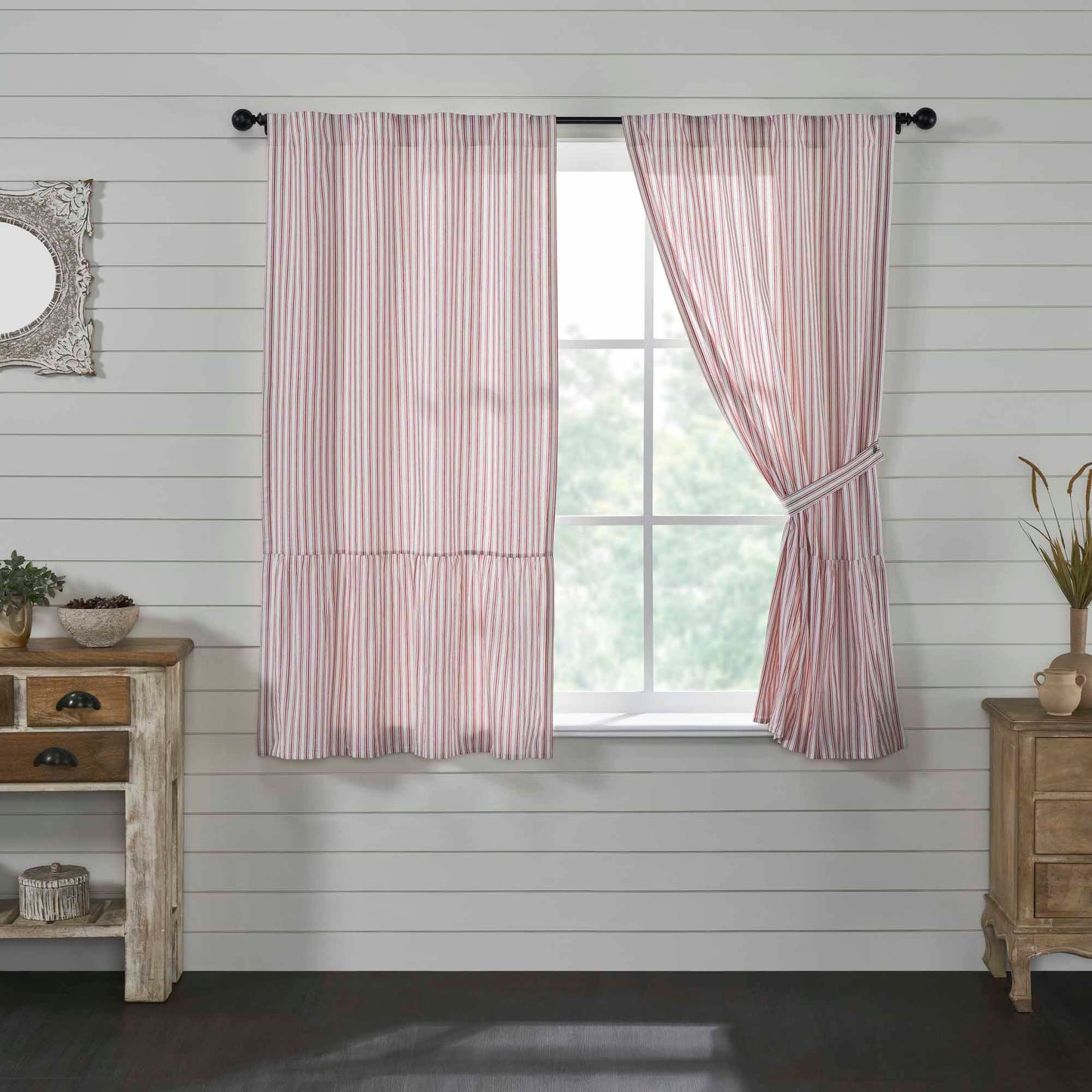 Timeless Ticking Red Ruffled Short Panel Set of 2 63Lx36W