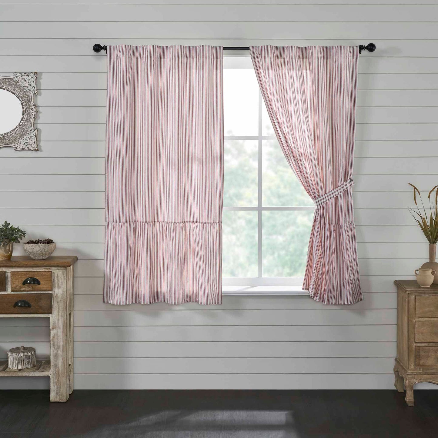 Timeless Ticking Red Ruffled Short Panel Set of 2