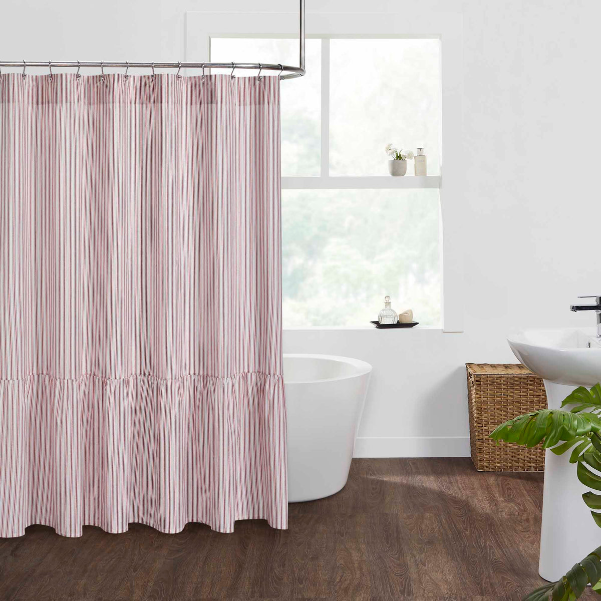 Timeless Ticking Red Ruffled Shower Curtain