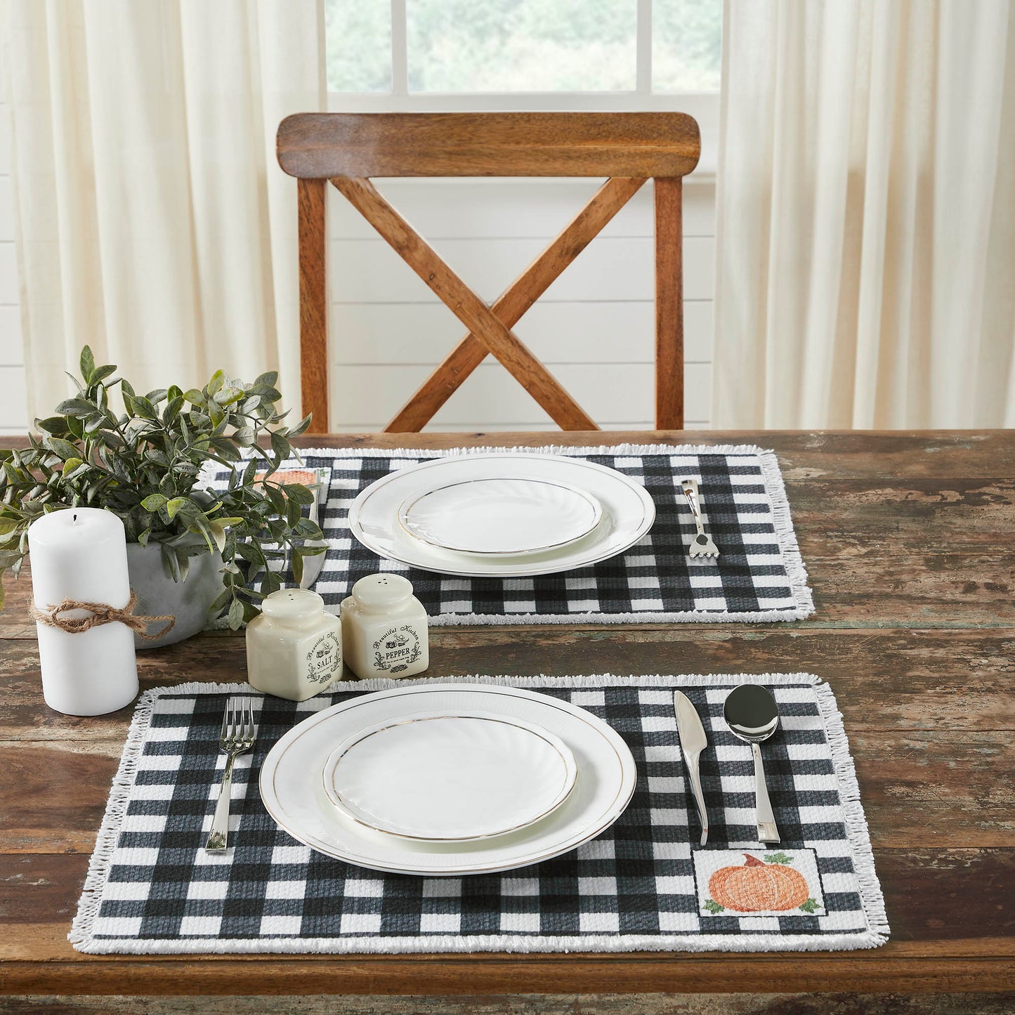 Annie Farmhouse Fall Black Check Pumpkin Placemat Set of 2 Autumn Harvest Table Linens