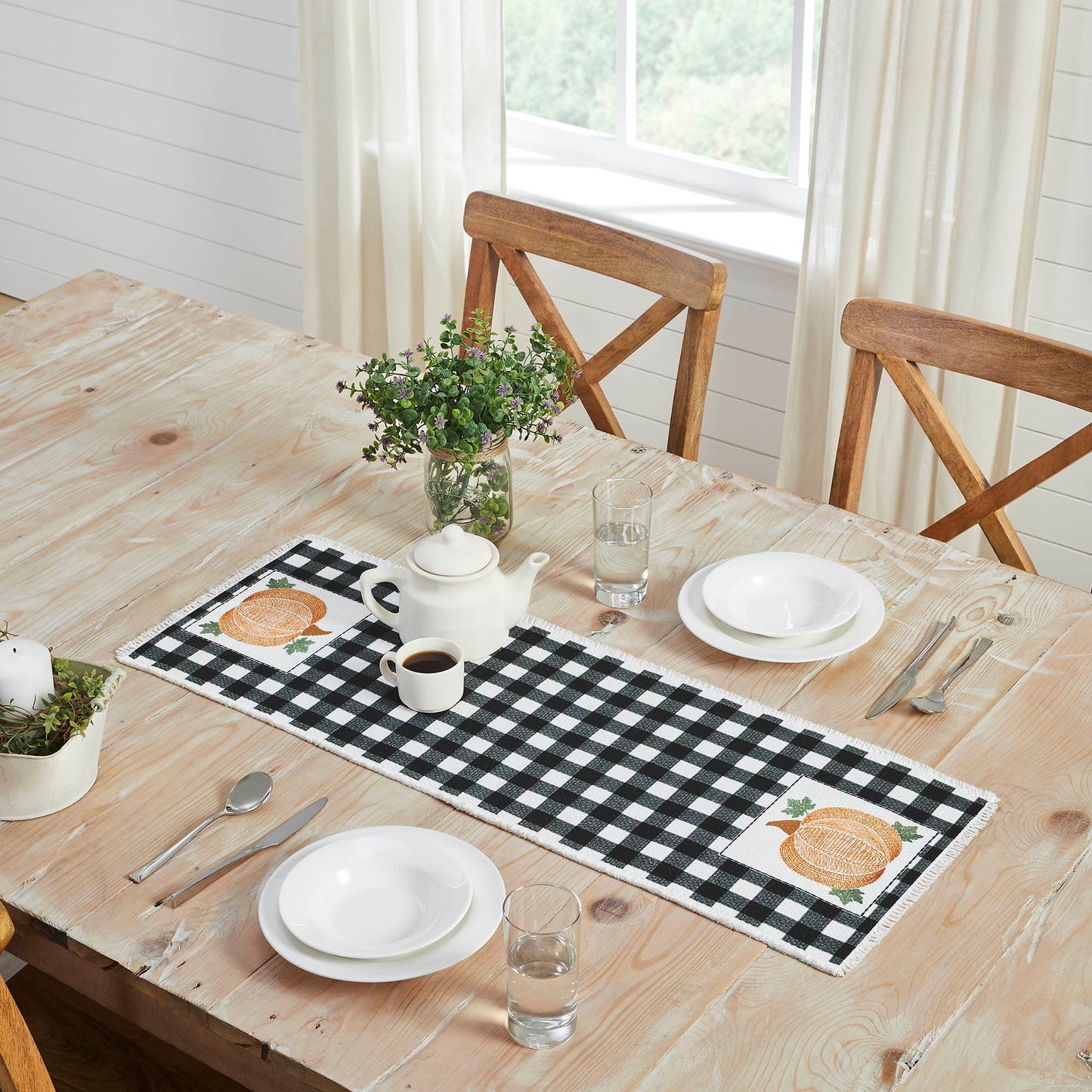 Annie Black Check Buffalo Plaid Pumpkin Harvest Table Runner Farmhouse Fall Holiday Kitchen Dining Home Decor, Inches