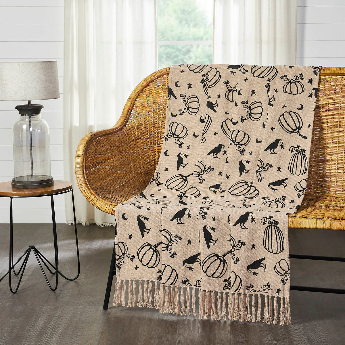 Raven Harvest Farmhouse Black Tan Plaid Woven Cotton Throw Blanket