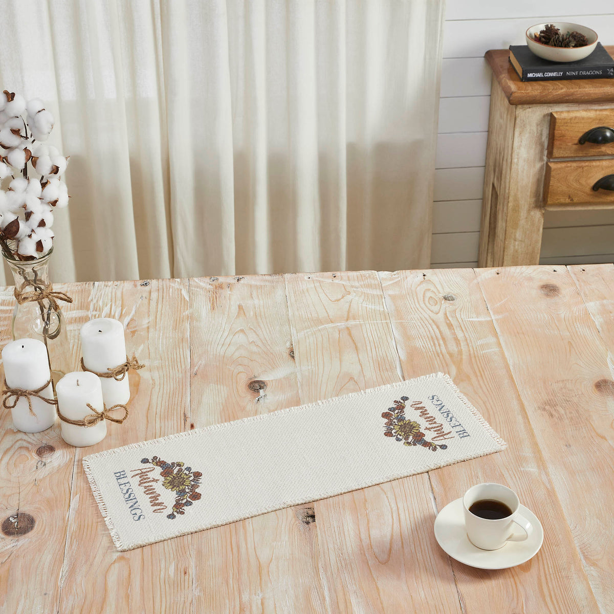 Autumn Blessings Cotton Farmhouse Table Runner Fall Harvest Thanksgiving Decor with Pumpkins, Leaves, Berries