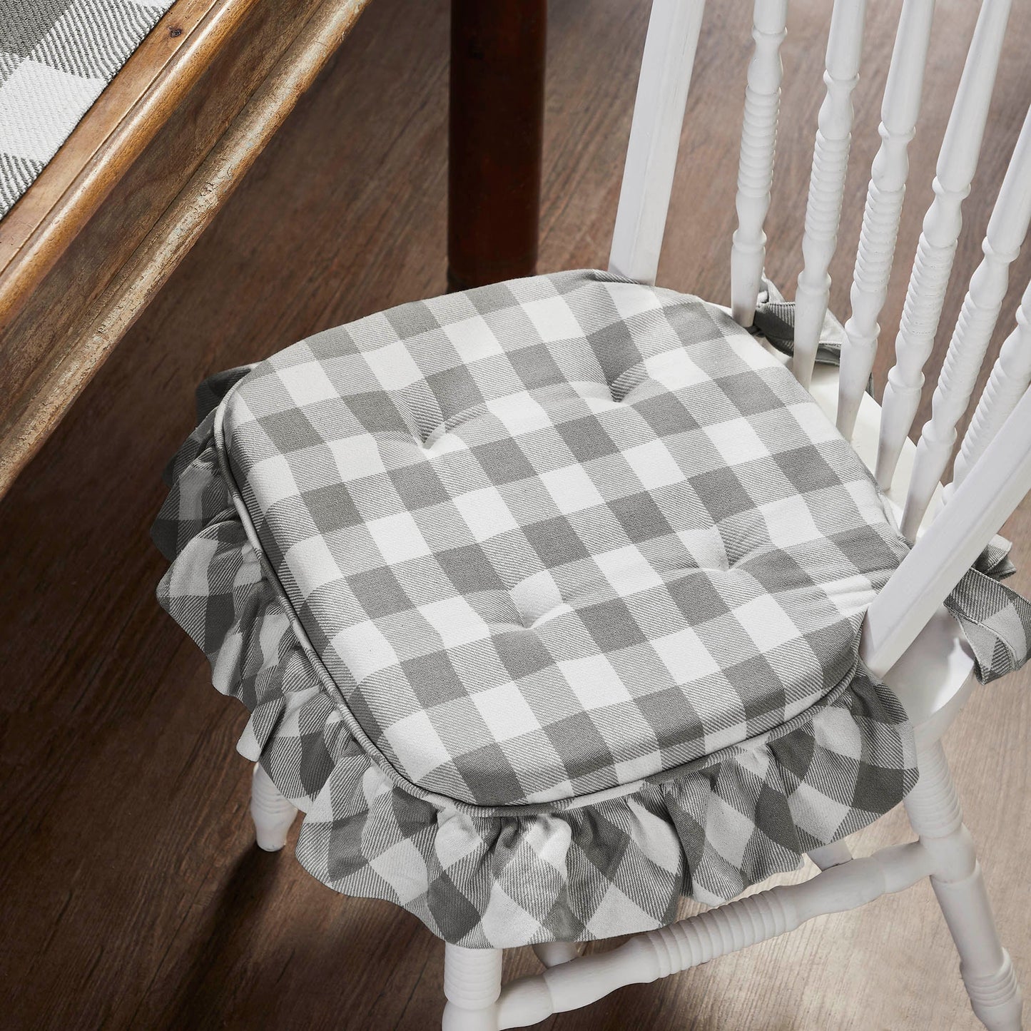 Annie Grey Buffalo Check Ruffled Chair Pad- Grey & White