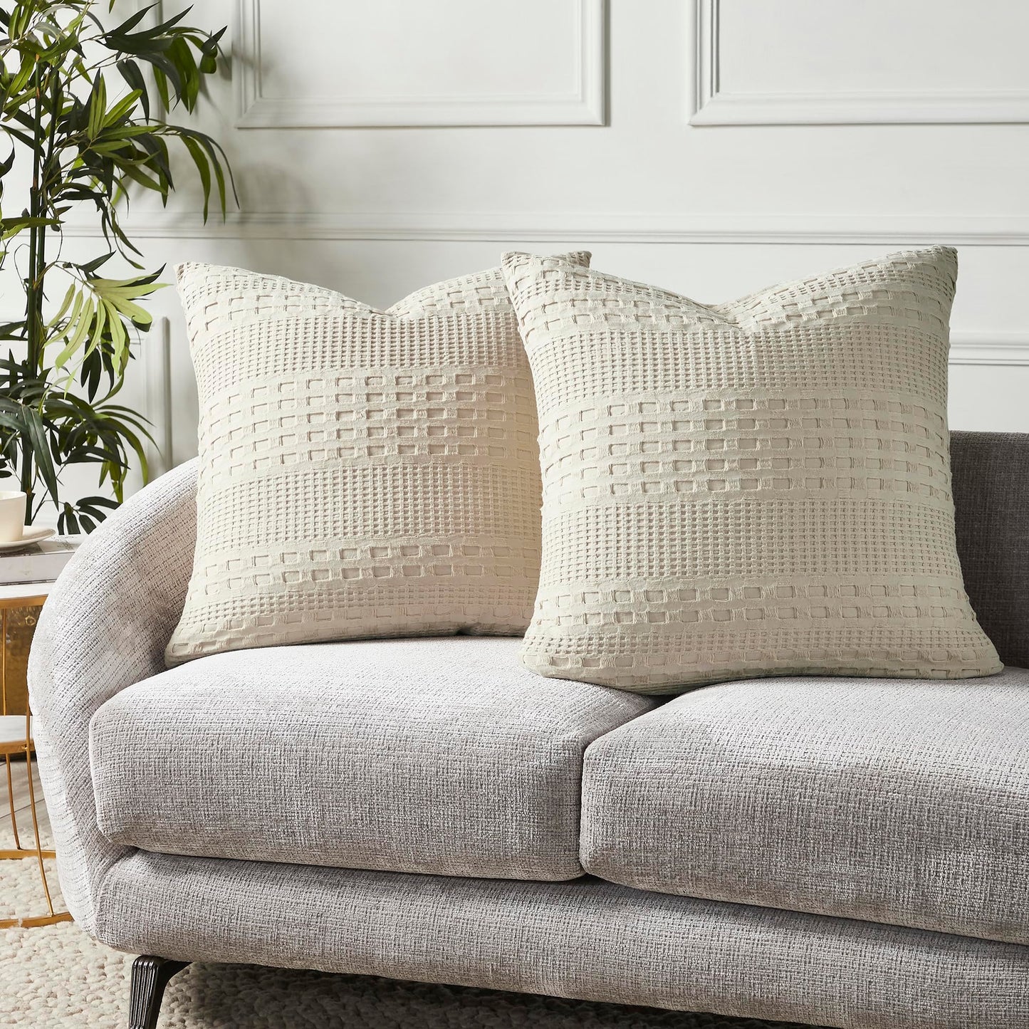 Natural Cream Waffle Weave Cotton Square Pillow Cover Set-- Set of 2 Farmhouse Boho Decorative Shams