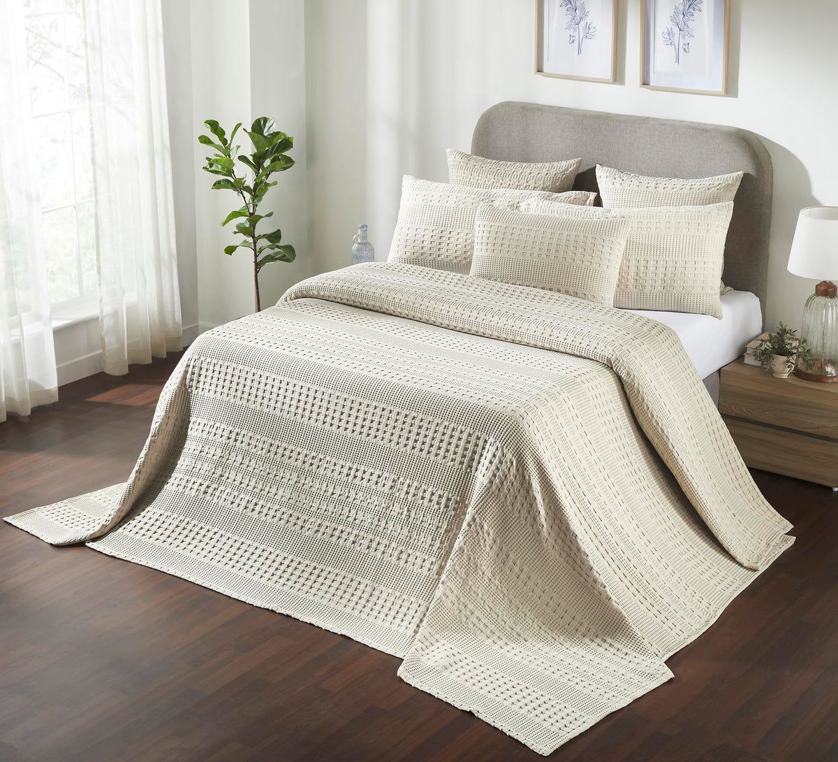 Natural Cream Waffle Weave Cotton Oversized King Blanket - 120x120 - Lightweight Bed & Sofa Cover -