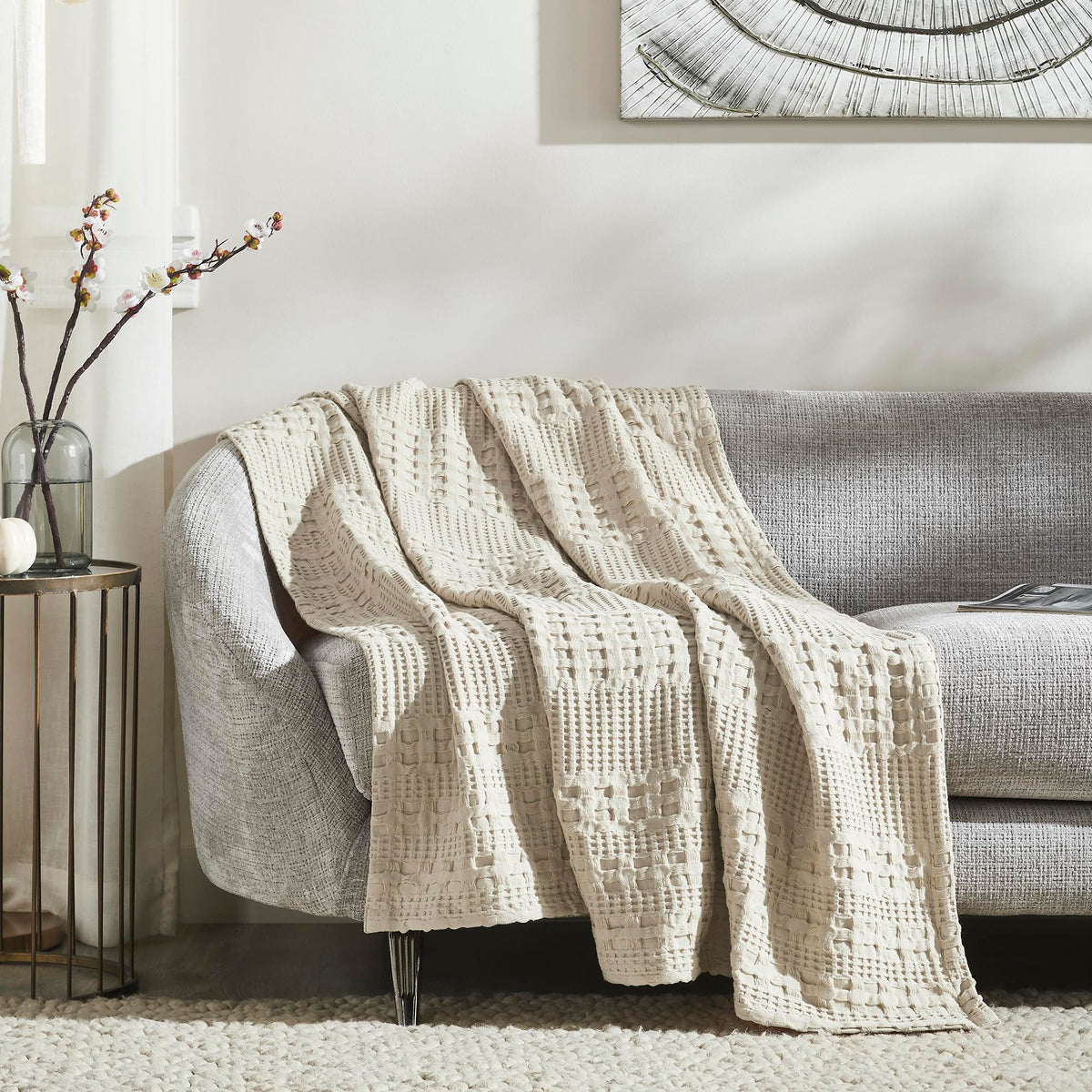 Natural Cream Waffle Weave Cotton Throw Blanket-- Decorative Couch & Sofa Cover