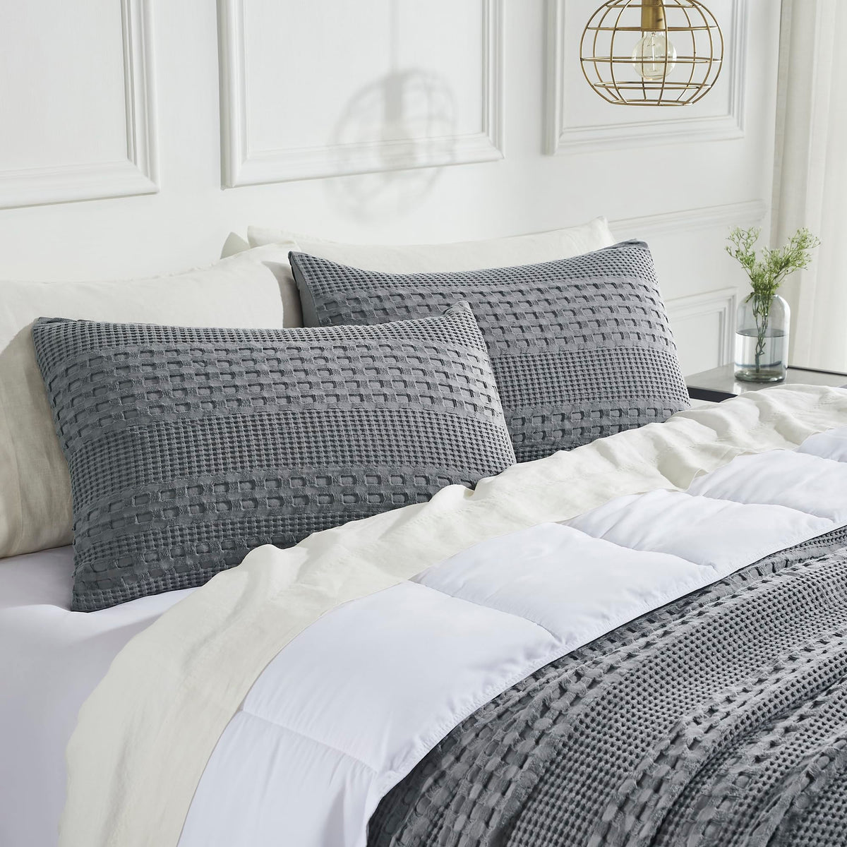 Dark Gray Waffle Weave Cotton Queen Sham Set-- Set of 2 Farmhouse Boho Decorative Pillow Covers