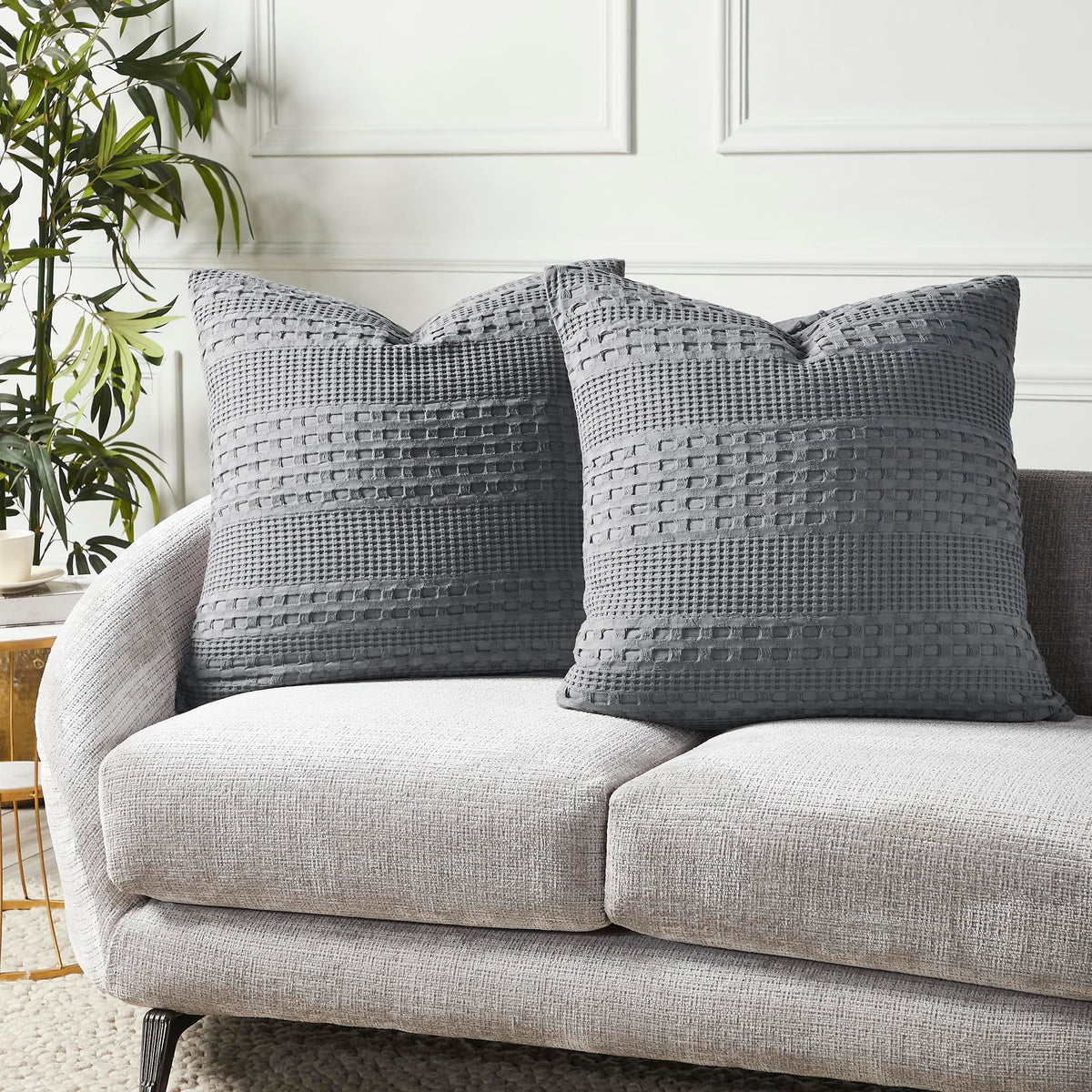 Dark Gray Waffle Weave Cotton Square Pillow Cover Set-- Set of 2 Farmhouse Boho Decorative Shams