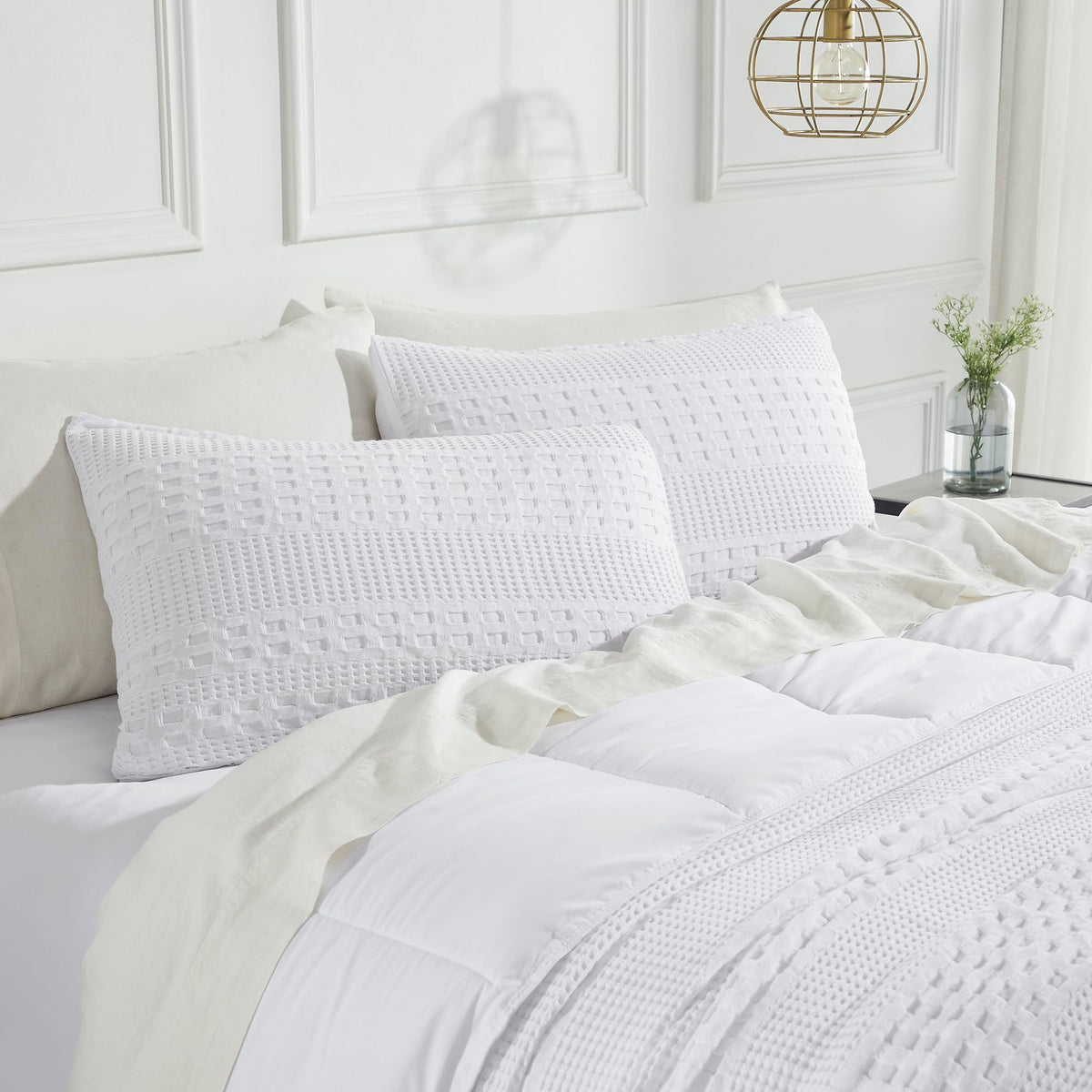 Bright White Waffle Weave Cotton King Sham Set-- Set of 2 Farmhouse Boho Decorative Pillow Covers