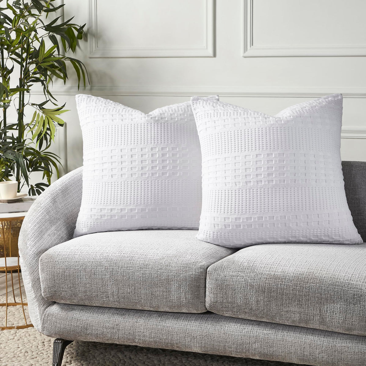 Bright White Waffle Weave Cotton Square Pillow Cover Set-- Set of 2 Farmhouse Boho Decorative Shams