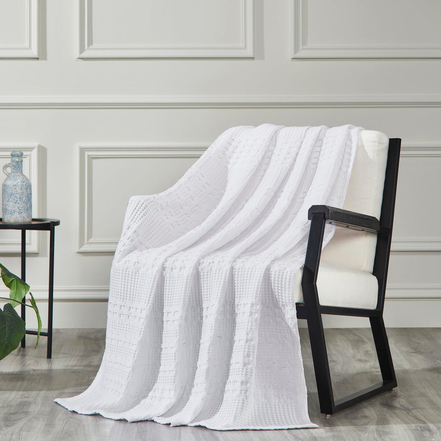 Waffle Weave White Throw 50x60 - Decorative Cotton Blanket for Farmhouse & Boho Decor