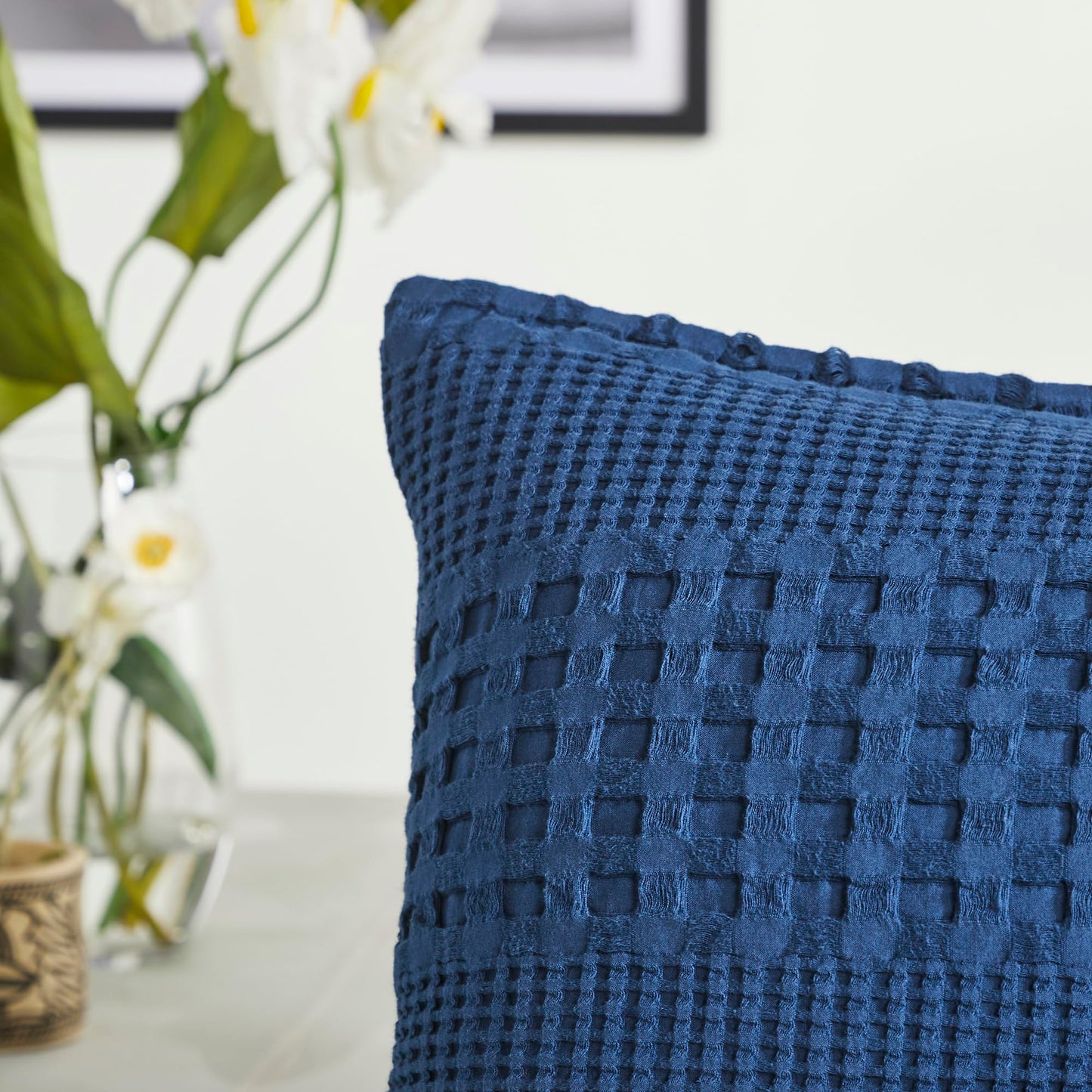 Waffle Weave Navy Blue Standard Pillow Sham Set (2-Pack) - 20x26 Farmhouse Boho Decorative Bedding