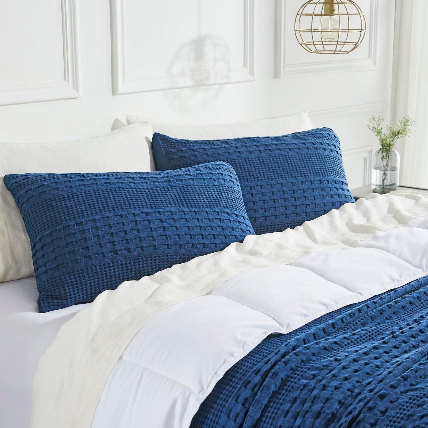 Navy Blue Waffle Weave Cotton King Sham Set-- Set of 2 Farmhouse Boho Decorative Pillow Covers