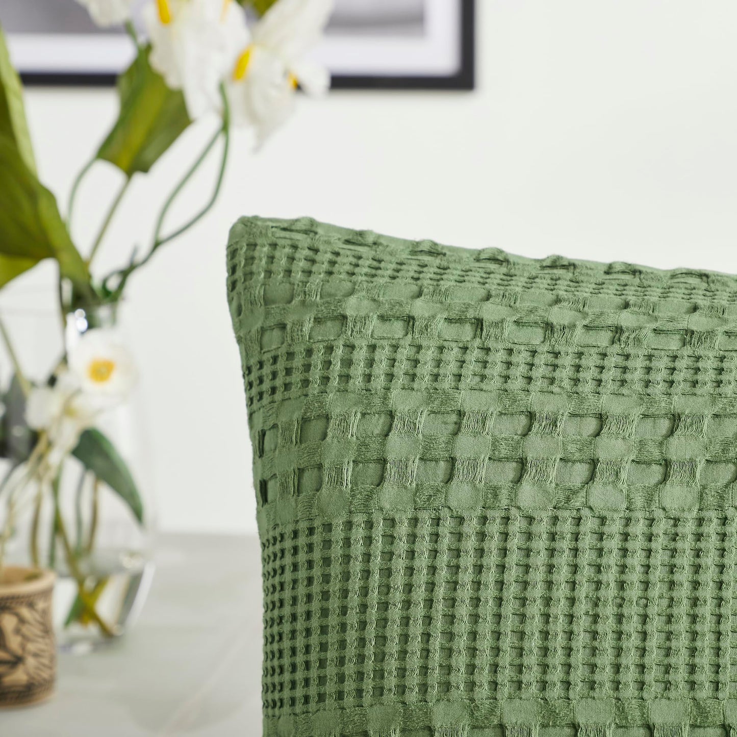 Waffle Weave Olive Green Standard Shams (Set of 2) 20x26 - Farmhouse & Boho Decorative Pillow Covers for Bedroom Decor
