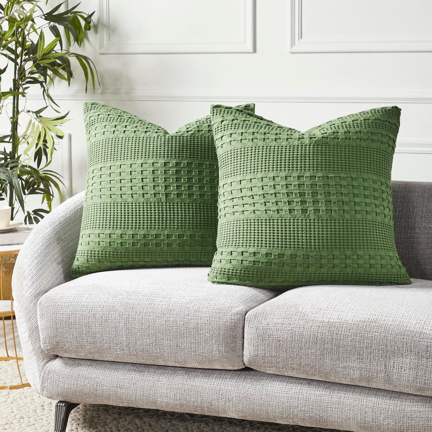 Olive Green Waffle Weave Cotton Square Pillow Cover Set-- Set of 2 Farmhouse Boho Decorative Shams