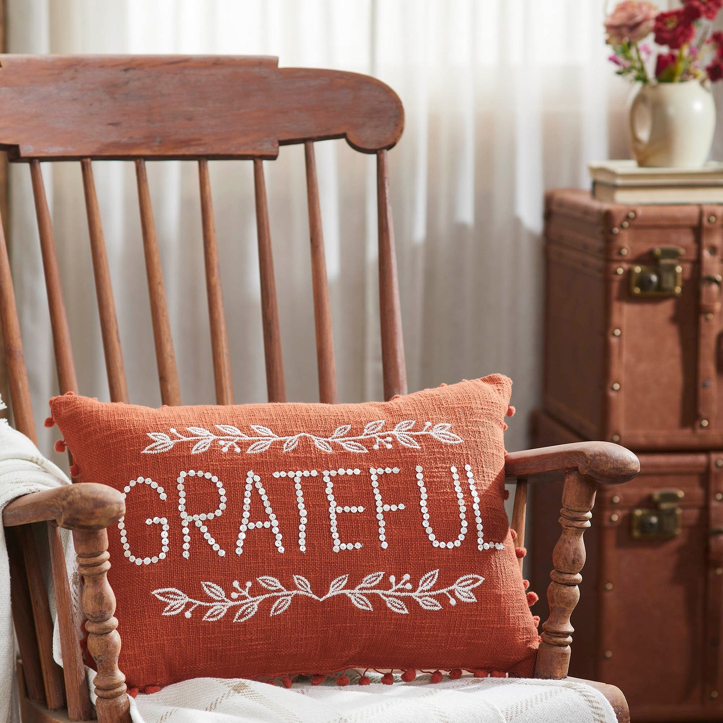 Grateful Pom Pom Decorative Throw Pillow Cozy Oblong Accent for Living Room & Bedroom Decor