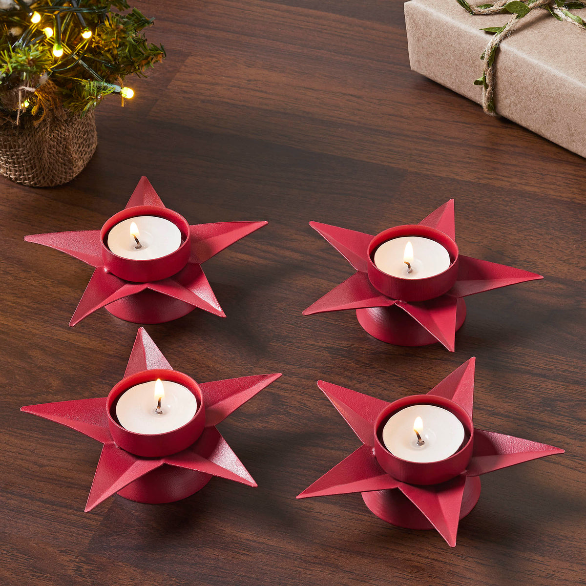 Tealight Holder Star Barn Red Set of 4