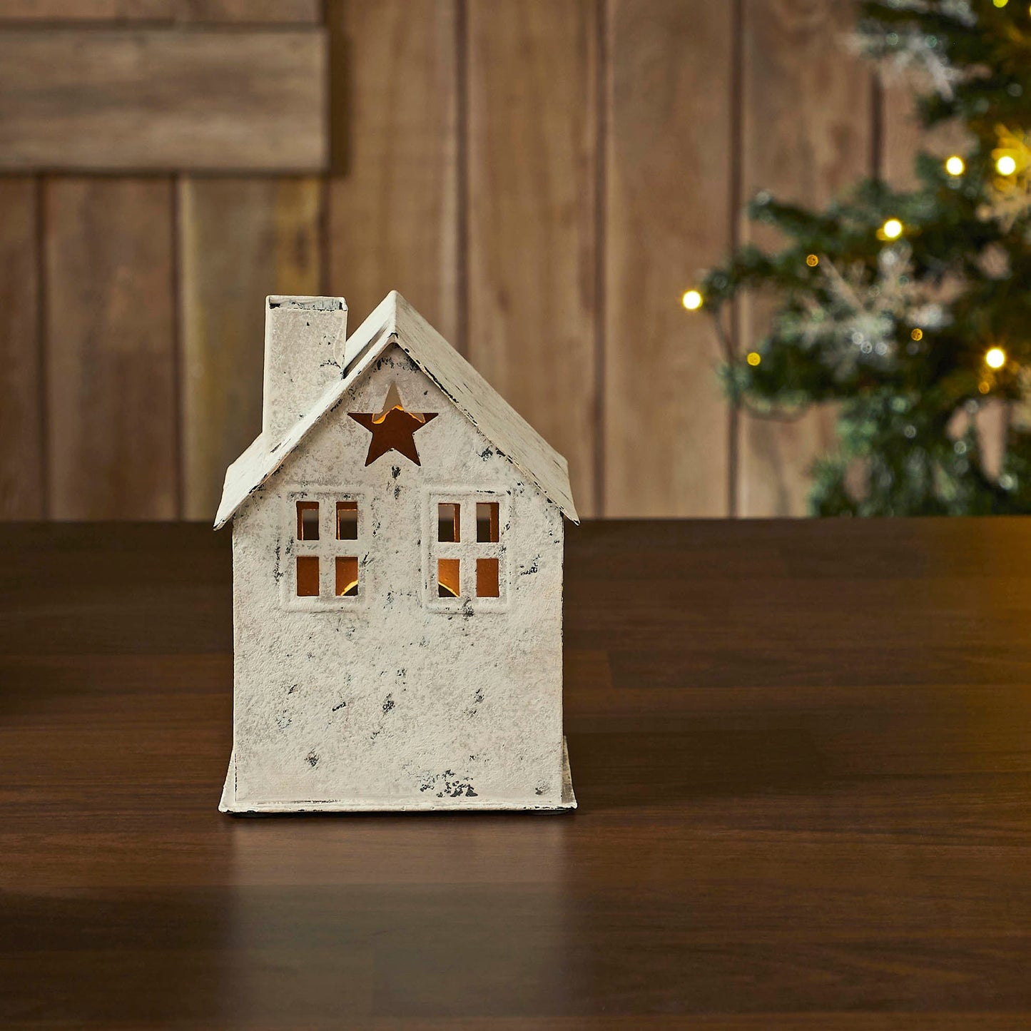 Tealight Holder Metal Village House D Antique Cream