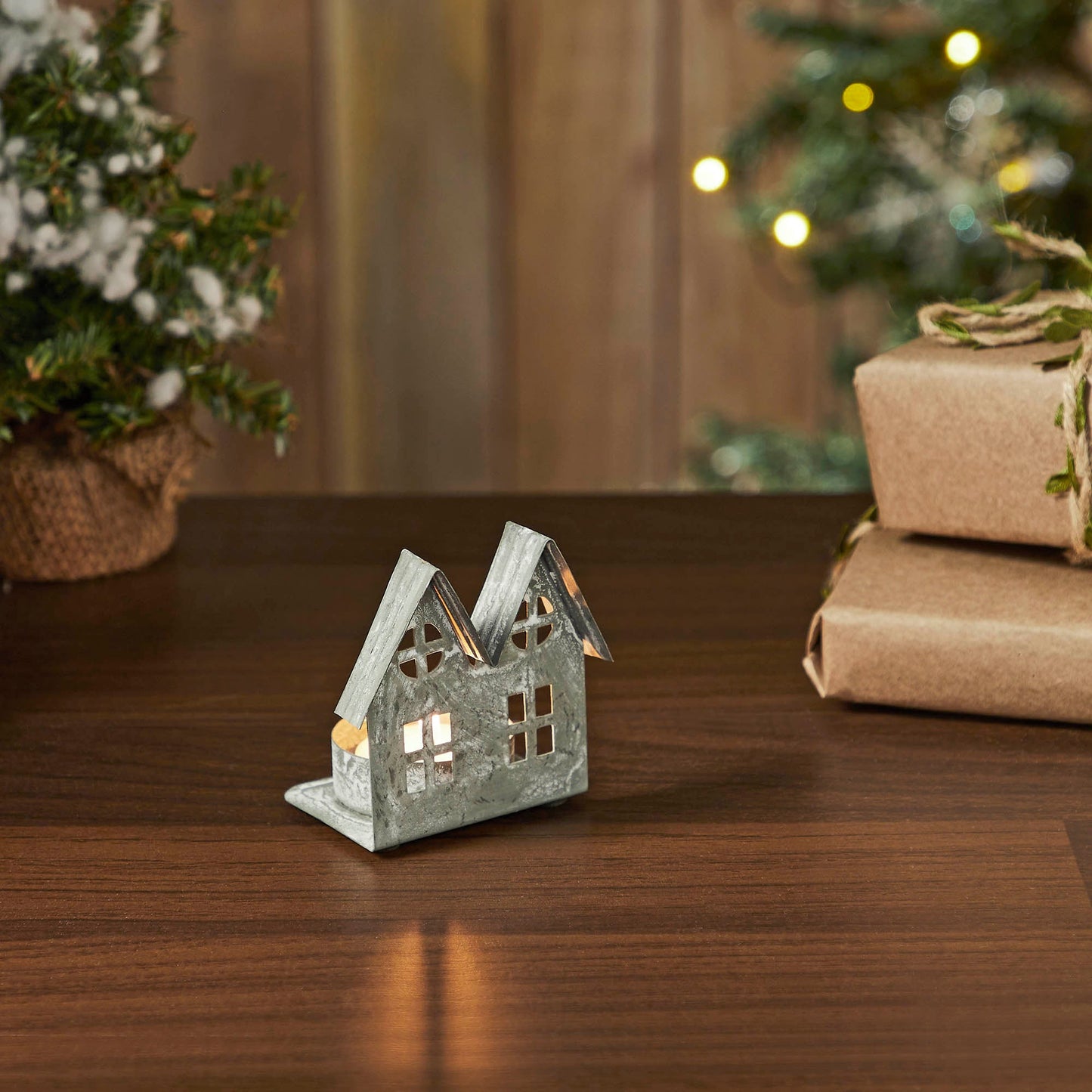 Tealight Holder Metal Village House E Antique Grey 2.75x2.75x2