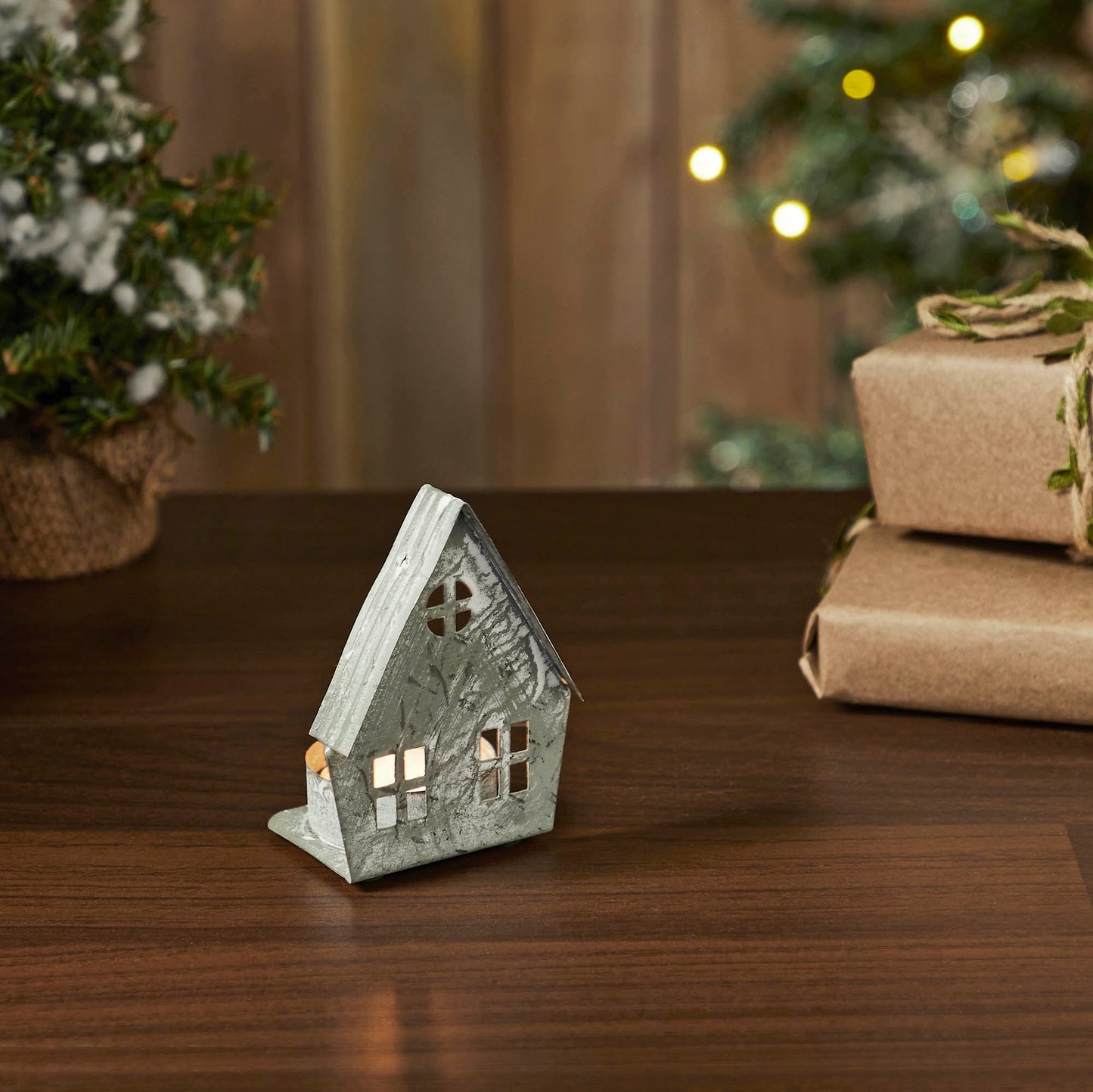 Tealight Holder Metal Village House F Antique Grey 3x2.75x2