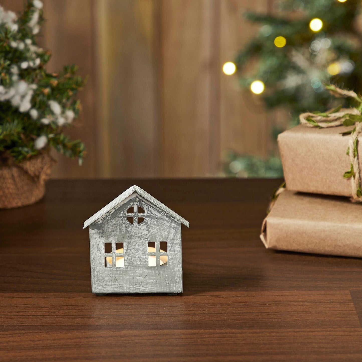 Tealight Holder Metal Village House G Antique Grey