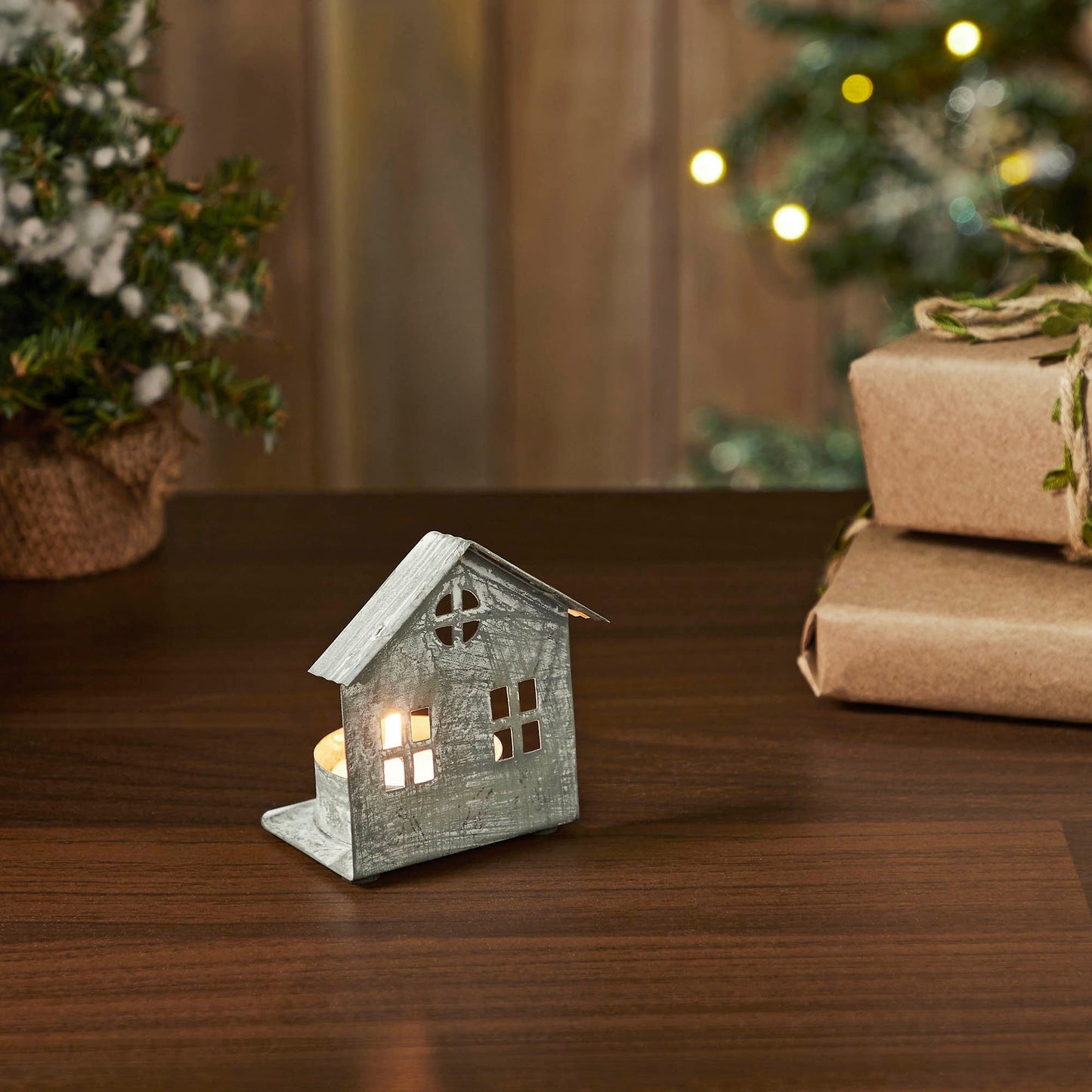 Tealight Holder Metal Village House G Antique Grey 3.25x2.75x2