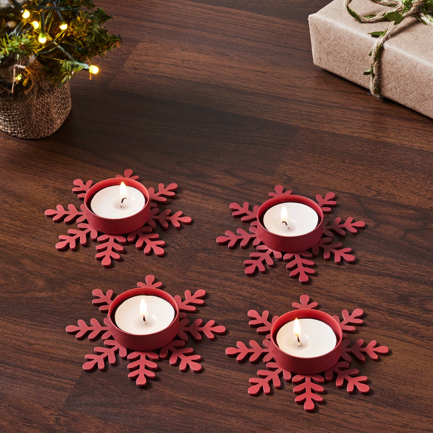 Tealight Holder Snowflake Barn Red Set of 4