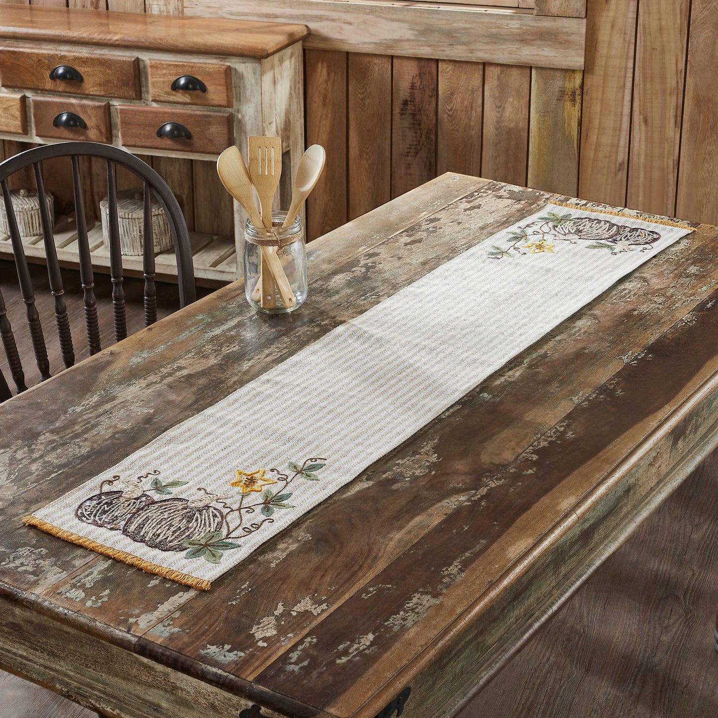 Autumn Pumpkin Patch Striped Farmhouse Table Runner 12x60 Inch Rustic Fall Decor