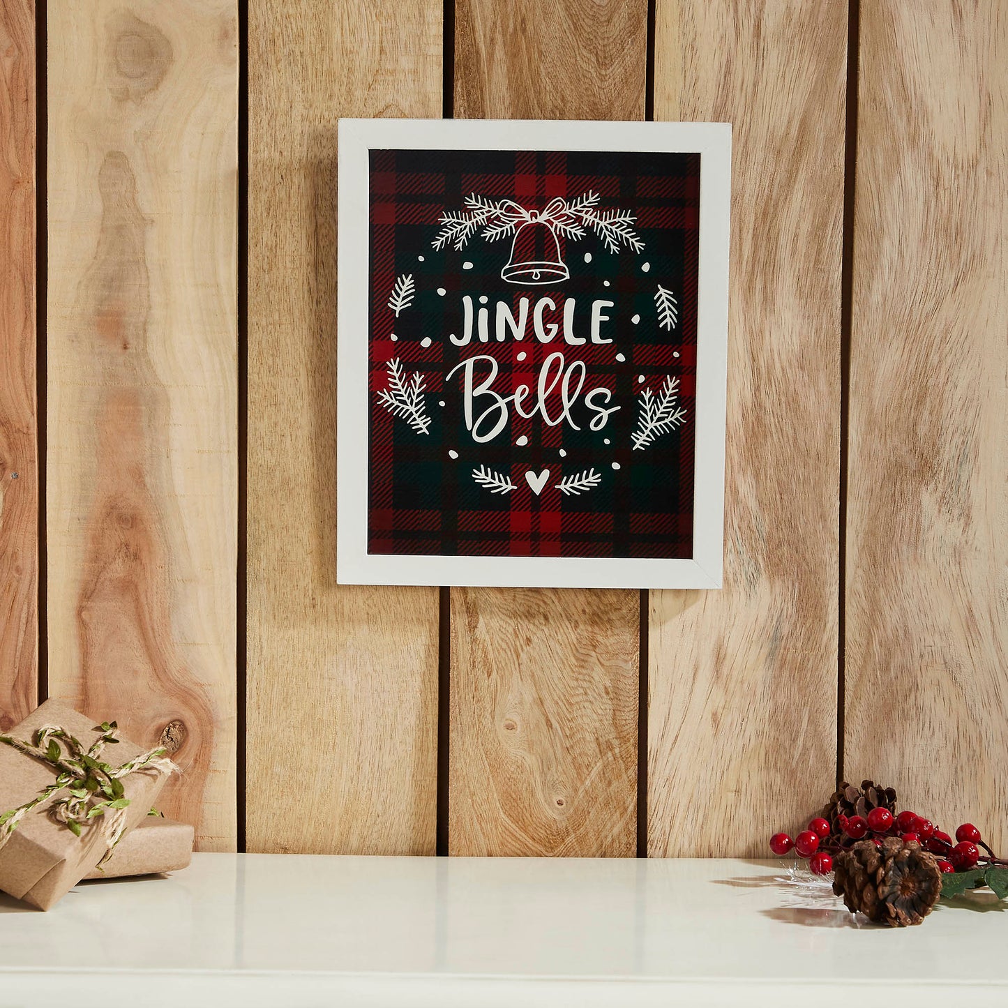 Jingle Bells Wreath Plaid Framed Wall Hanging Sign