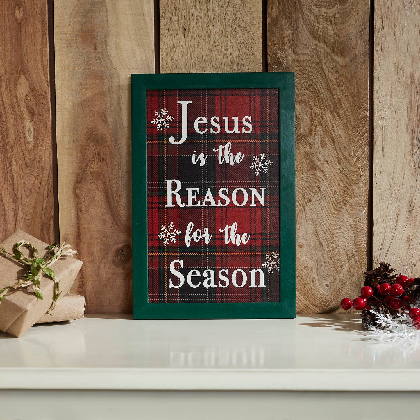 Jesus Is The Reason Plaid Framed Wall Hanging Sign