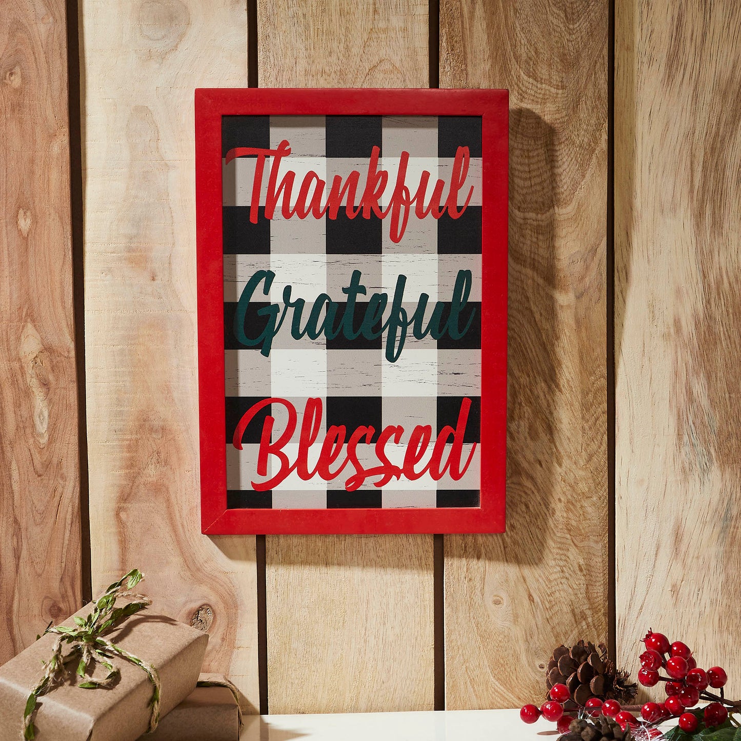 Thankful Grateful Blessed Christmas Gingham Wall Hanging Sign