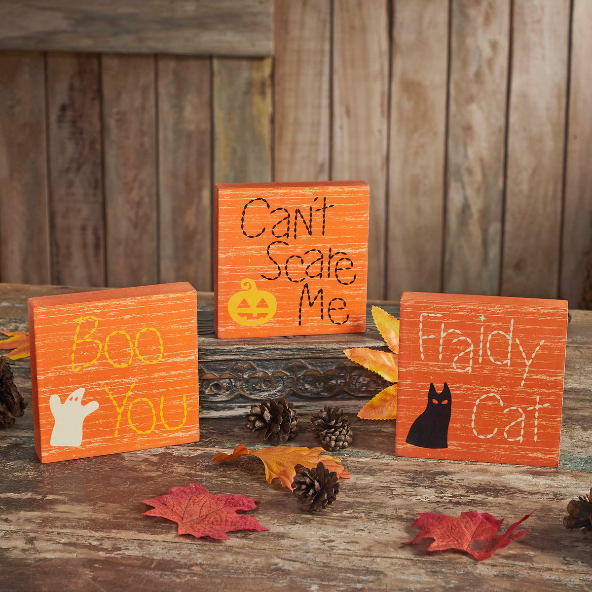 Halloween Fraidy Cat MDF Decorative Blocks Boo You Cant Scare Me Humorous Tabletop Shelf Sitter Set of 3